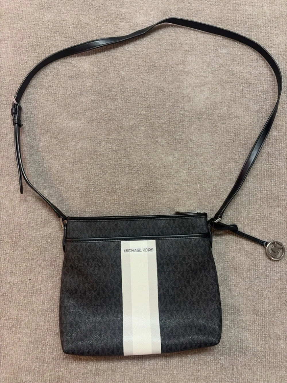 Michael Kors Jet Set Crossbody Bag Brown MK Logo Stripe Adjustable Strap
